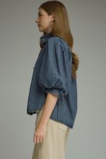 Entro dark denim solid ¾ puff sleeve top