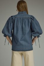 Entro dark denim solid ¾ puff sleeve top