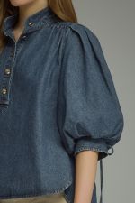 Entro dark denim solid ¾ puff sleeve top