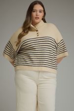 Stripe short sleeve knit top featuring a mock neck PLUS
