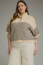 Stripe short sleeve knit top featuring a mock neck PLUS