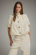 Entro Solid ecru short puff sleeve top bubble hem