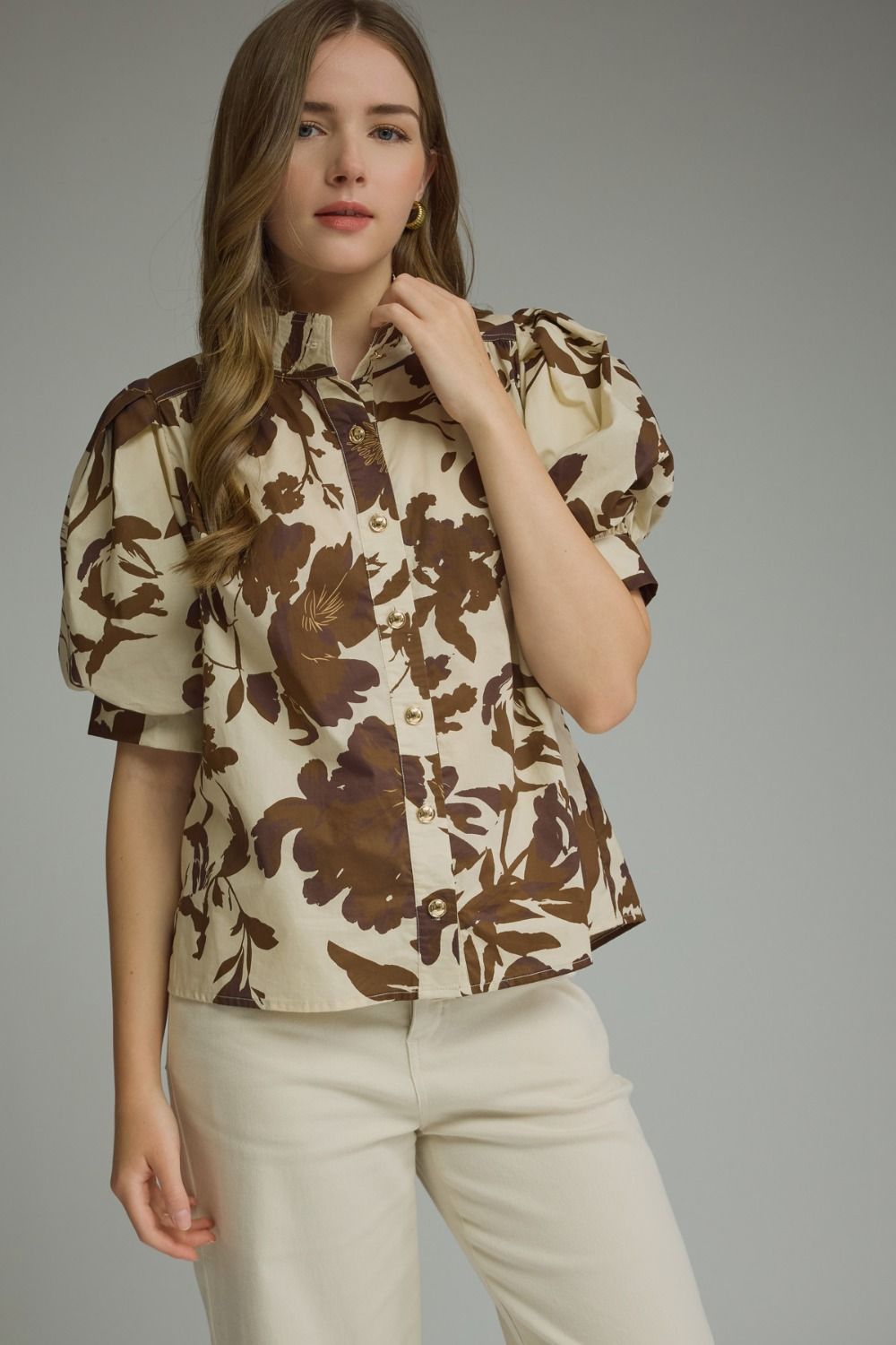 Printed short puff sleeve top