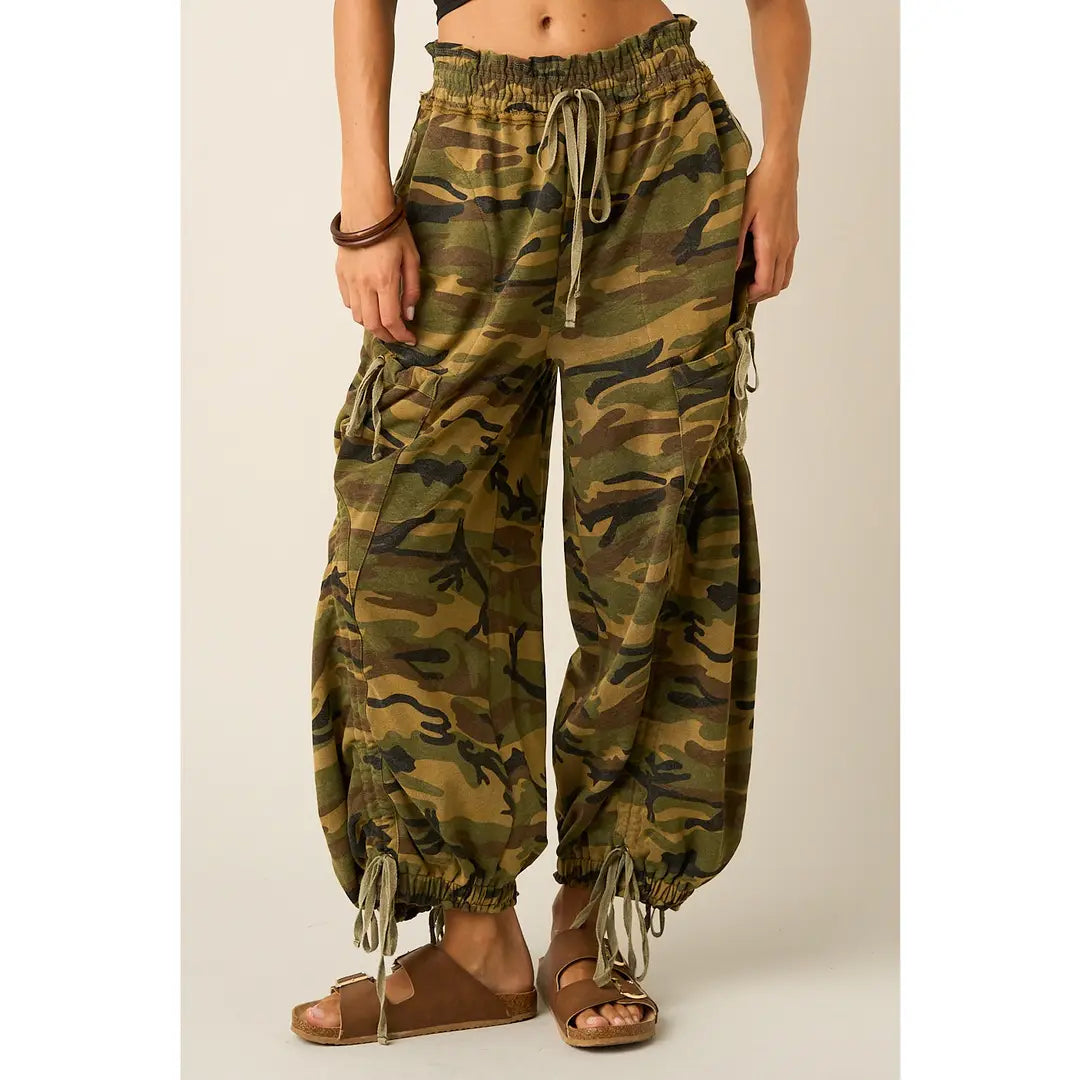 Camo Cargo Drawstring Parachute Pants