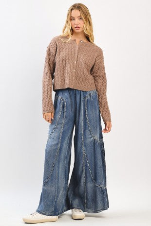 Washed Chambray Tier Detail Wide Leg Pants