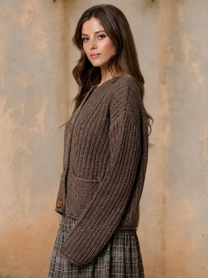 Marled Button Down Raw Edge Chunky Knit Cardigan